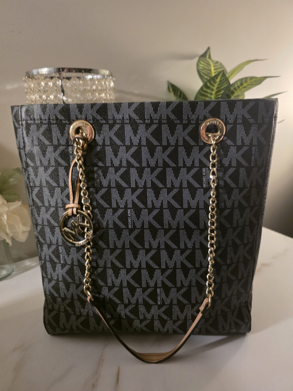 Michael Kors Black MK Logo Tote with Gold Hardware and Brown Handel Straps